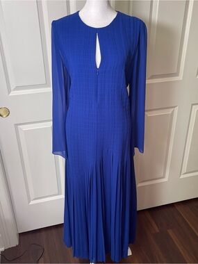 Akris Silk Chiffon Pleated Evening Gown Round Neck Long Sleeve Royal Cobalt Blue
